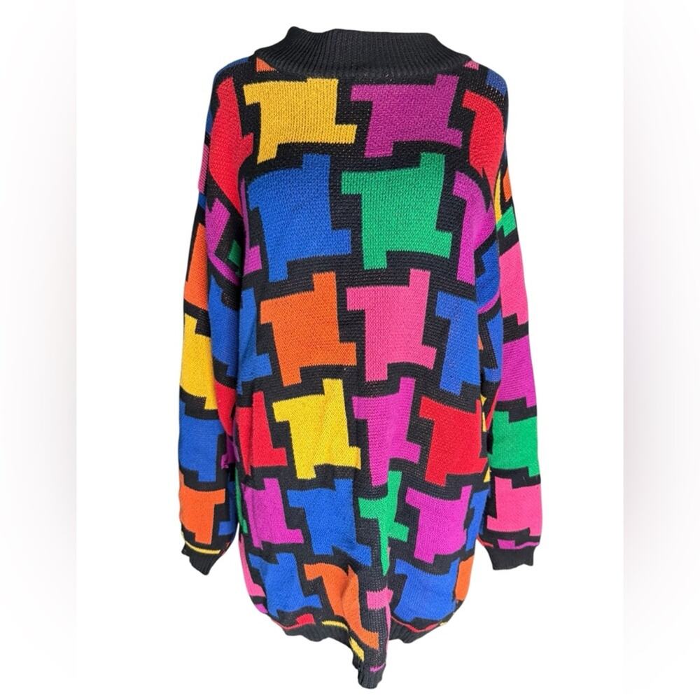 Vtg Geometric Puzzle Piece Oversized Retro Knit Sweater Womens Size S Abstract